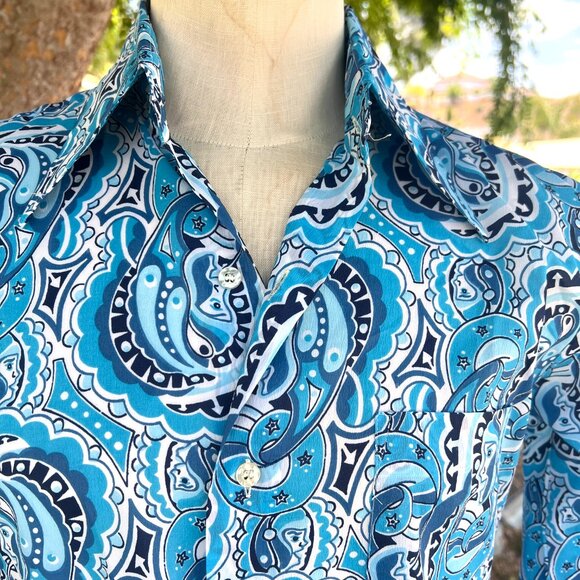 70's Funky Print Shirt - Size Large - Blues Hues - Brand Jonathan Hill Design - Picture 2 of 10